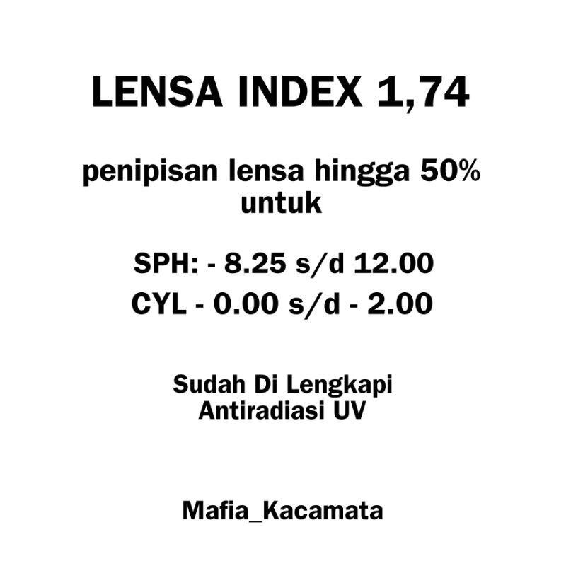 Lensa INDEX 1,74 Antiradiasi UV ( Blueray  )