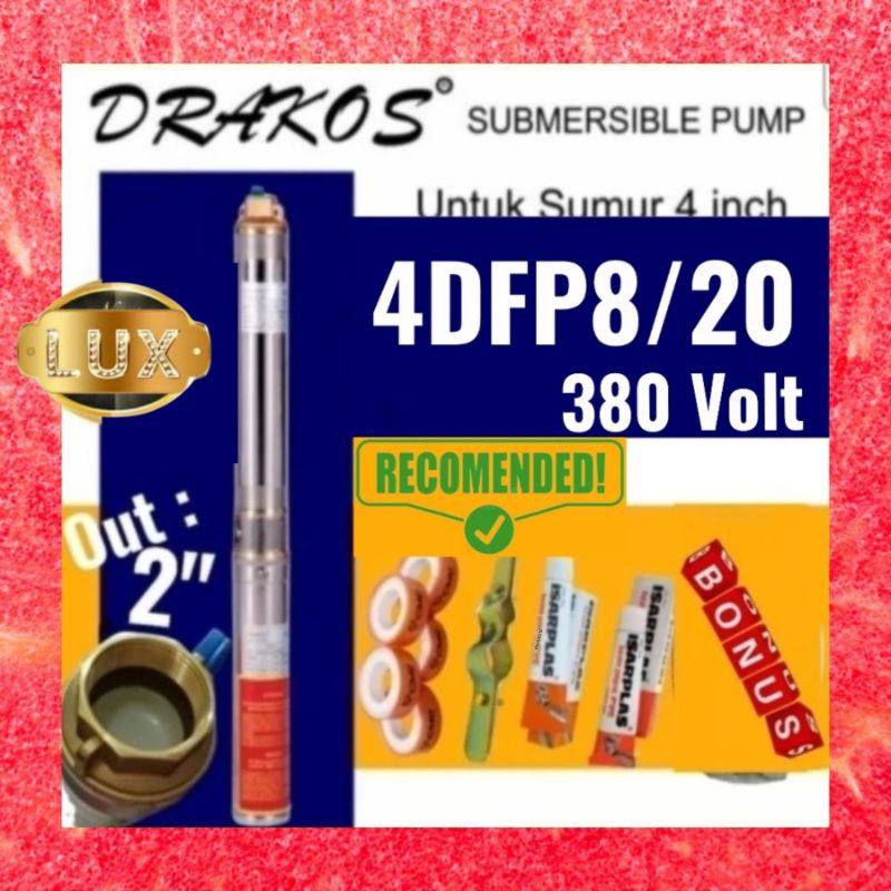Pompa satelit 4inch 4Hp 3Phase DRAKOS 4DFP8/20 Debit 8 Kubik submersible pump Out put 2 inch submers