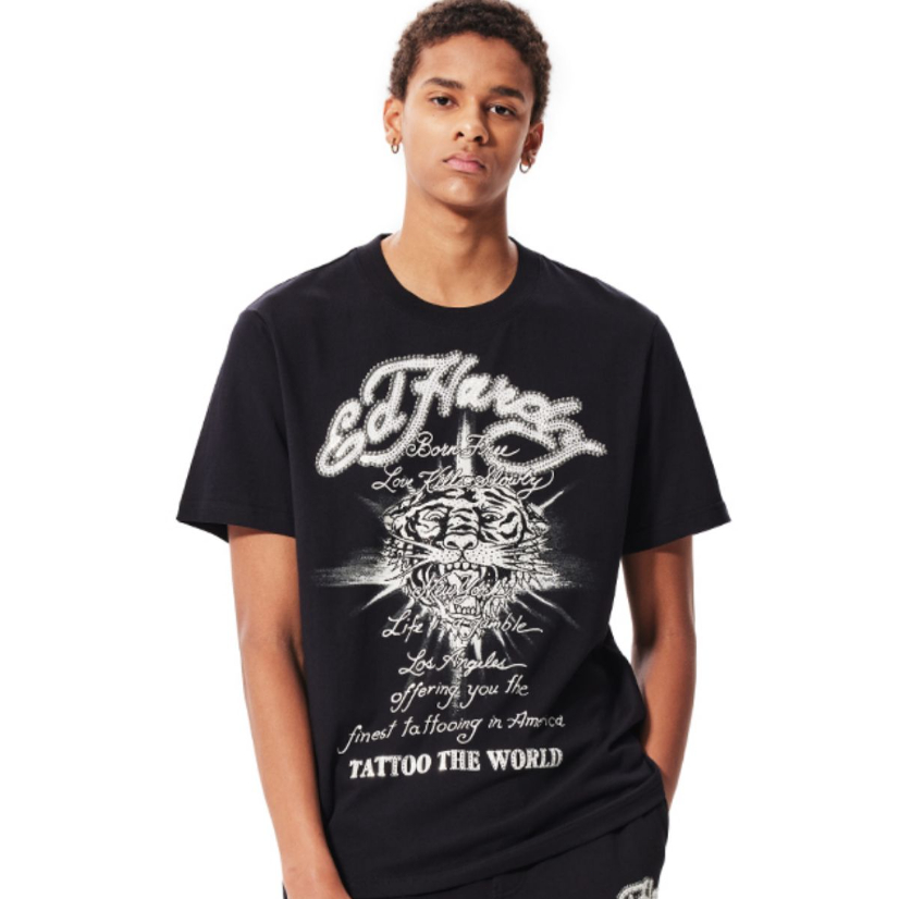 Ed Hardy Men's black short-sleeved tiger head pattern T-shirt