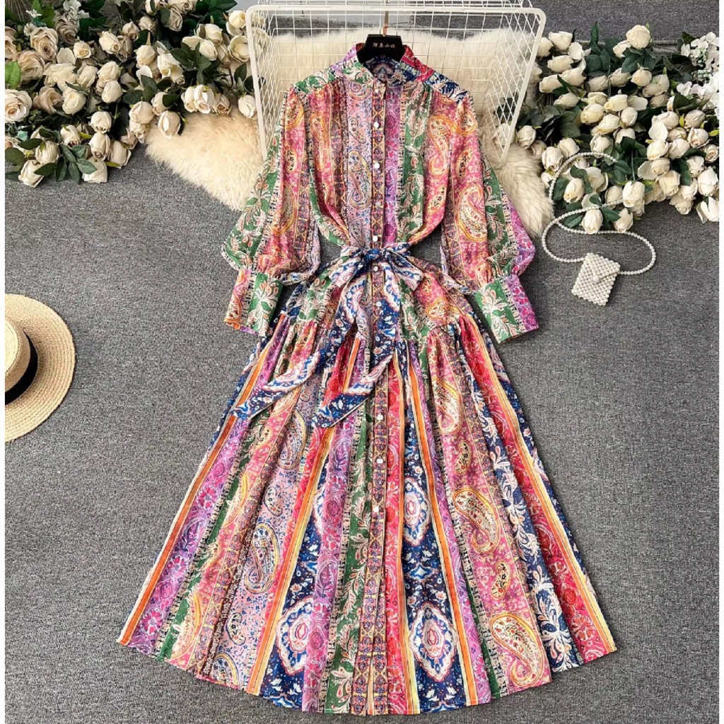 Gaun sifon motif Paisley bunga liburan mode jubah longgar berenda lengan lentera panjang kancing seb