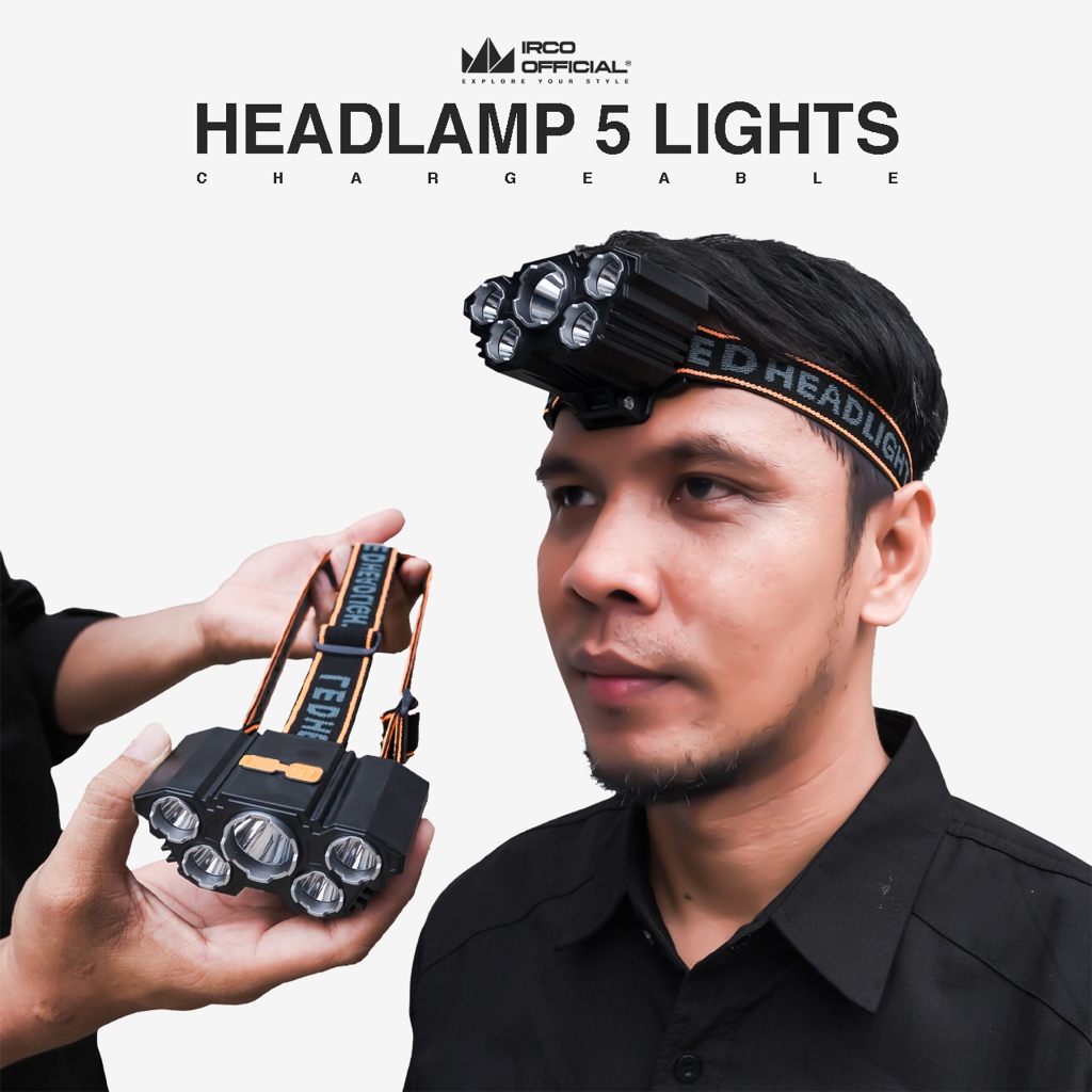 IRCO Headlamp Charger Waterproof 5 Lampu Led Super Terang - Senter Kepala Outdoor Anti Air Case Usb