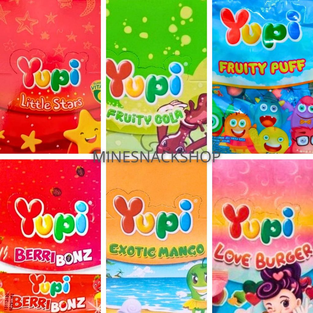

Yupi Permen Jeli Box All Varian / Yupi Little Stars / Yupi Fruity Cola / Yupi Fruity Puff / Yupi Berri Bonz / Yupi Exotic Mango / Yupi Love burger