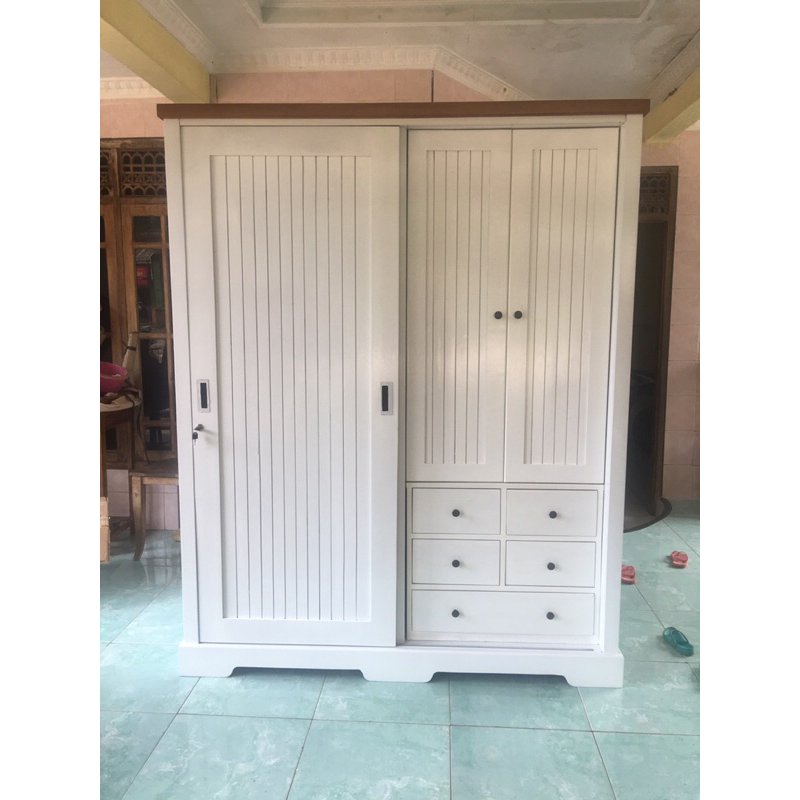 Lemari Baju Dewasa Model Minimalis Modern Bahan kayu Jati Finishing Duco