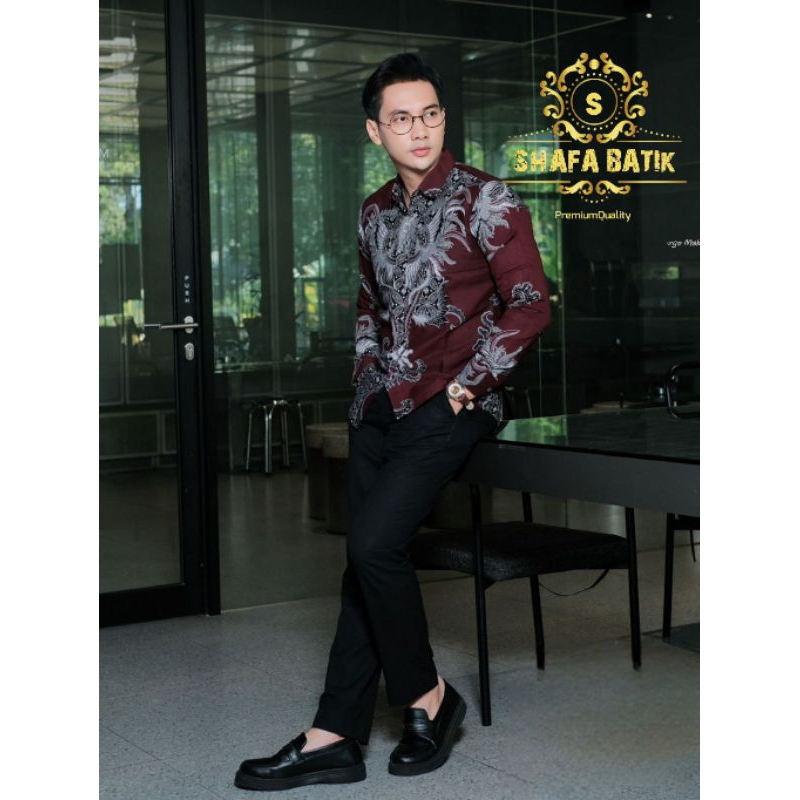 Kemeja Batik Pria Premium Motif Yudistira merah maroon slimfit full furing