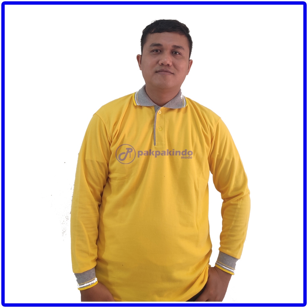 KAOS KERAH POLO POLOS KUNING LIS ABU-ABU LENGAN PANJANG PRIA WANITA TERBAIK