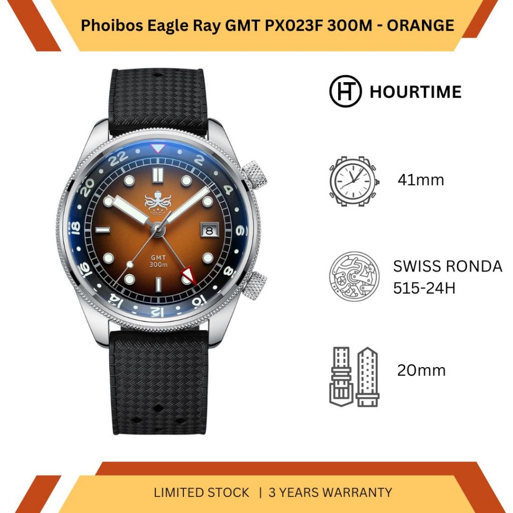 Jam Tangan Pria Phoibos Eagle Ray 300M Dive Watch PX023F Sunray Orange Quartz