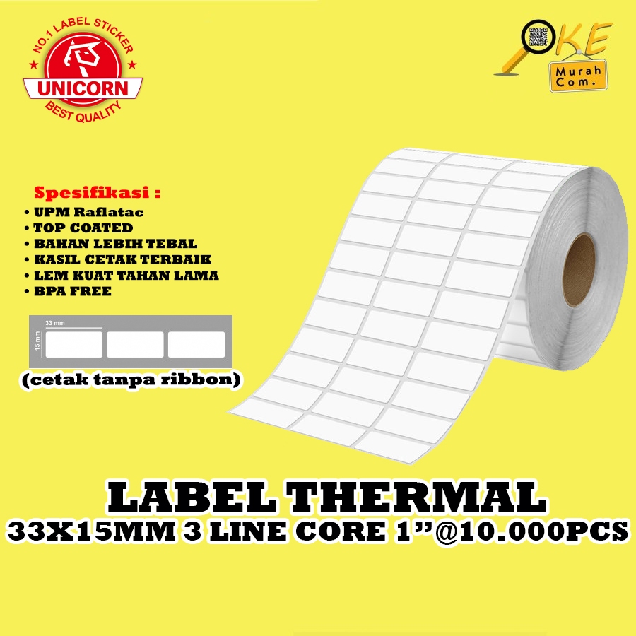 

Rad Stiker Label Barcode Thermal 33x15 mm / 33 x 15 mm / 33x15mm 3 Line Core 1 Inch Isi 10.000pcs