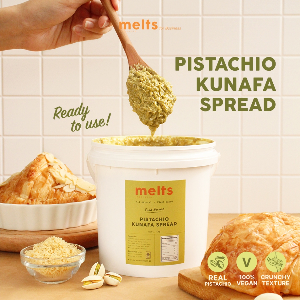 

Melts Food Service - Pistachio Kunafa Spread 1 kg | Selai kacang Plant Based Vegan untuk Roti Bahan Kue Baking Pastry Topping