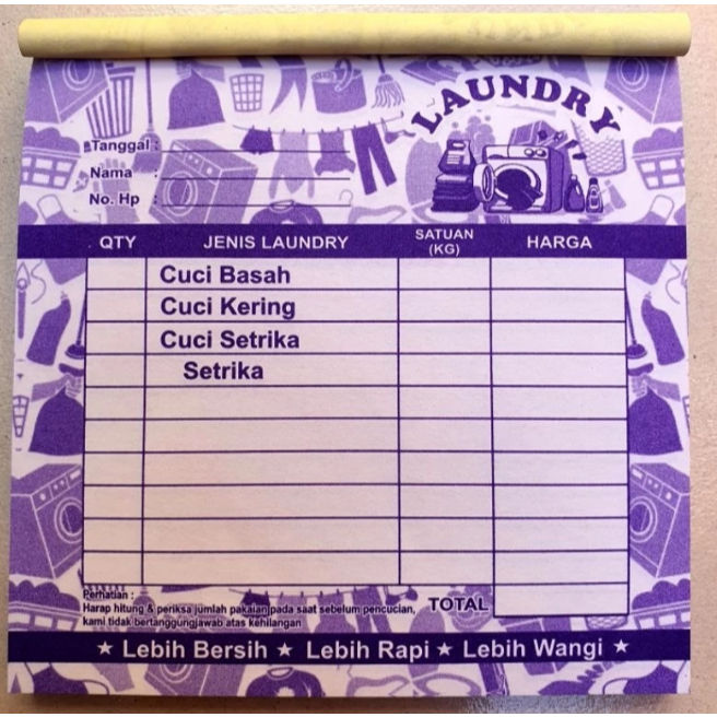 

NOTA LAUNDRY 2 ply / 2 rangkap warna warni ukuran 1/6 folio