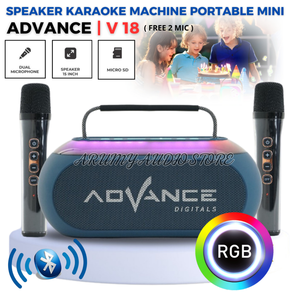 Speaker Advance V-18 Rgb Led Gratis 2 Mic | Speaker Bluetooth Karaoke Aktif Portable Advance V-18 Fu