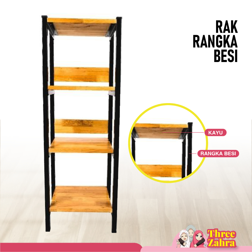 RAK BUKU KAYU RANGKA BESI/RAK BUKU/RAK HIAS/RAK SERBAGUNA