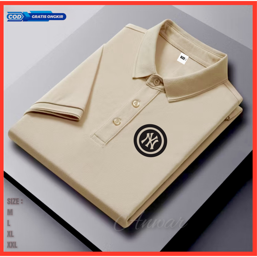 Polo Motif NY Bulat Logo Hitam Lengan Pendek Kerah Kancing Baju Pria Dan Kaos Atasan Casual Lelaki W