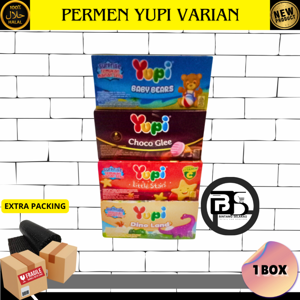 

PERMEN YUPI VARIAN RASA 1 BOX ISI 24 PCS BABY BEARS/DINO LAND/CHOCO GLEE/LITTLE STARS