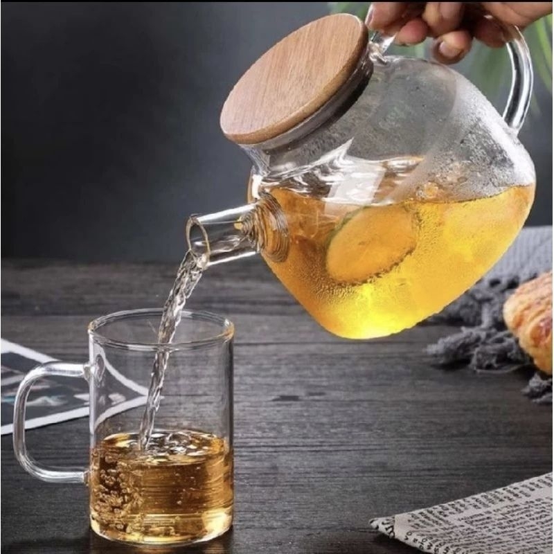 Tea Pot Kaca Tutup Kayu Teko Teh