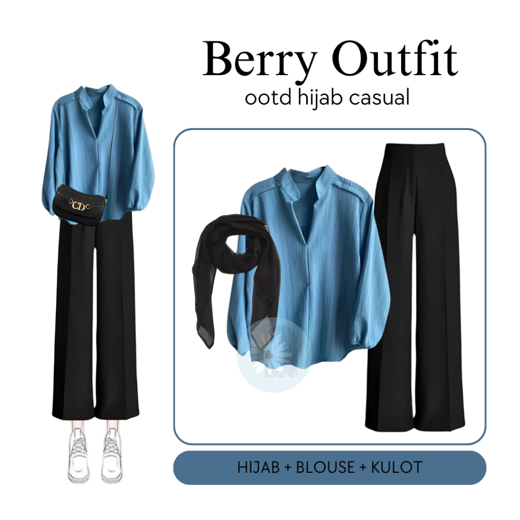 Setelan One Set Wanita Kekinian 3in1 Bella Square, Blouse, Kulot OOTD Blueberry set - BB010