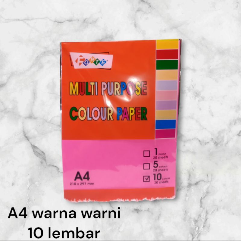 

Kertas A4 warna Forte per pak isi 20 lembar (10 warna)