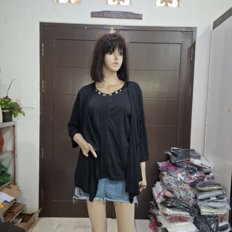 Theoria atasan wanita model fake cardigan kasual dengan kristal bagian leher stretch BIG SIZE