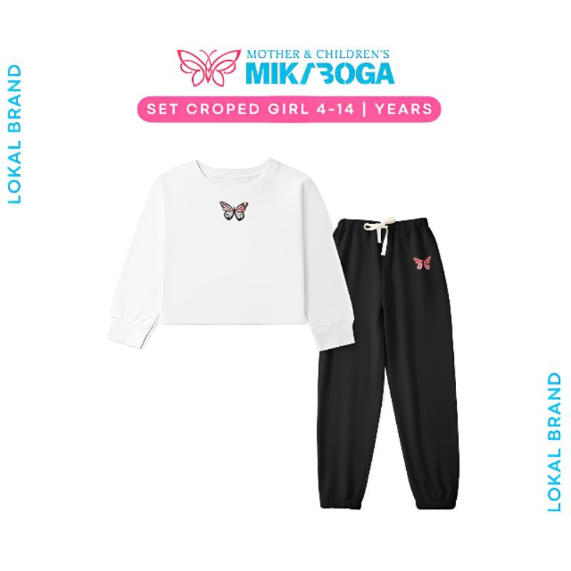 Mikaboga 2 Pcs Sweater Crop Top Dan Joger Set Stelan Bergambar Kupu-kupu Anak Perempuan Tangan Panja