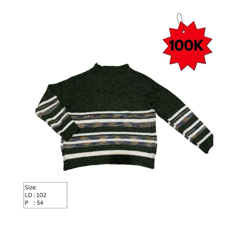 New Sweater Rajut Hijau Garis Premium Impor Cewek Semi Croptop Baju Atasan Perempuan