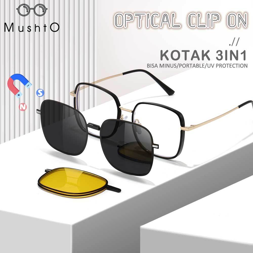 Mushto Kacamata Clip On Series 3in1 Lensa Polarized Night Vision Model Kotak Frame TR+Metal Bisa Min