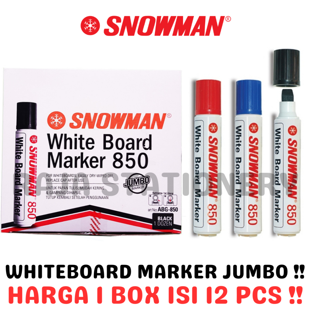 

SNOWMAN WHITEBOARD MARKER JUMBO BLACK BLUE RED SPIDOL PAPAN TULIS BISA DIHAPUS BESAR HITAM BIRU MERAH ABG-850 LUSIN BOX [12PCS]