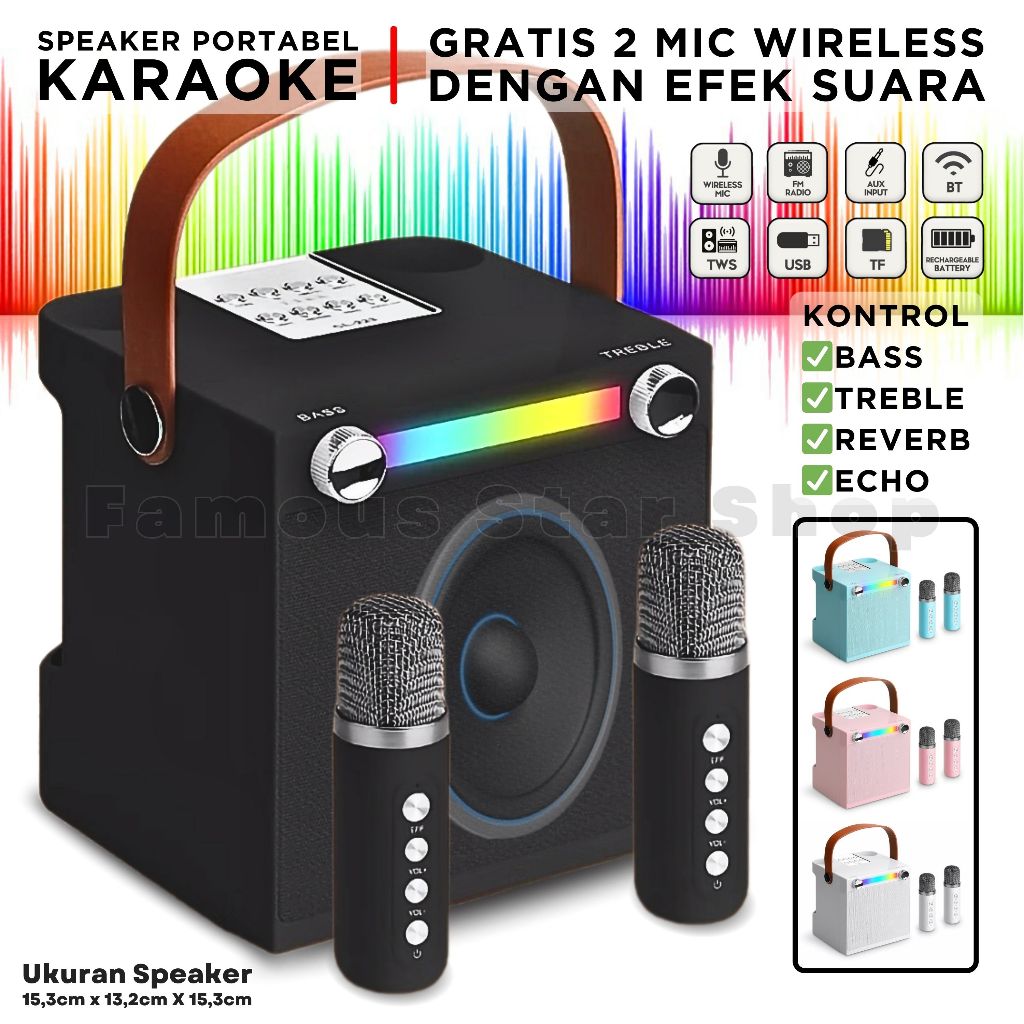Speaker KTV Premium Ada Kontrol BASS-TREBEL-ECHO-REVERB FLECO F-8894 LED RGB Bonus 2pc Mic Wireless 