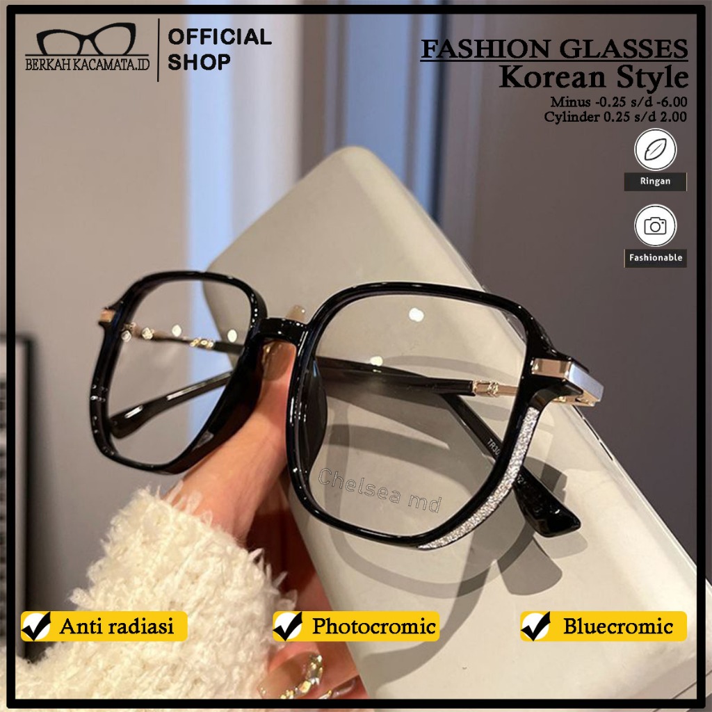 Kacamata Photocromic Minus Silinder Anti Radiasi Wanita Frame Kotak Mewah Blueray Kaca Mata Optik
