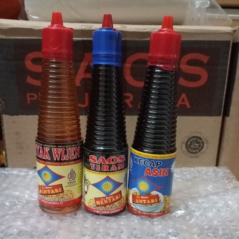 

Paket hemat isi 3a botol cap sinar mentari (minyak wijen, kecap asim, saos tiram