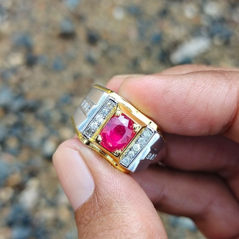 cincin Berlian Dan Batu Merah Ruby Ring Silver