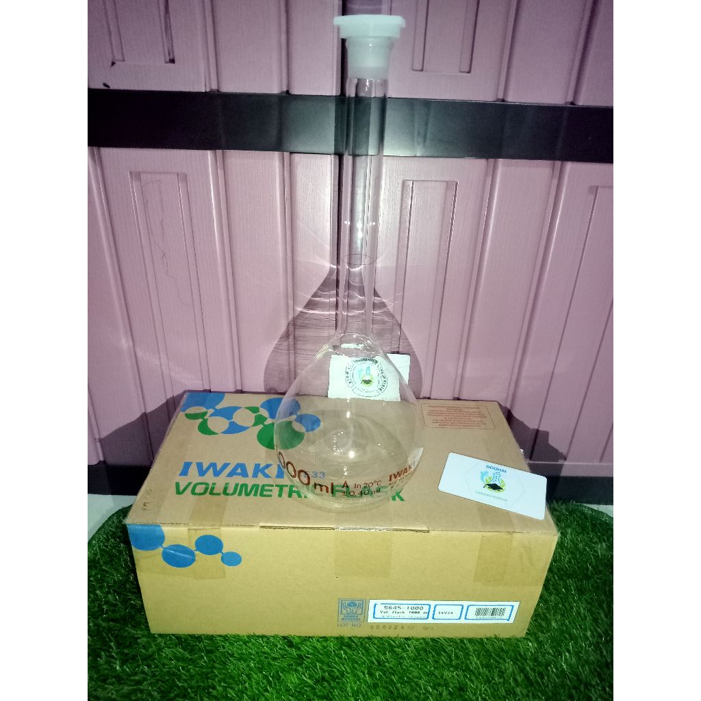 Labu ukur Iwaki 1000 ml, volumetric flask 1 L, Labu tentukur