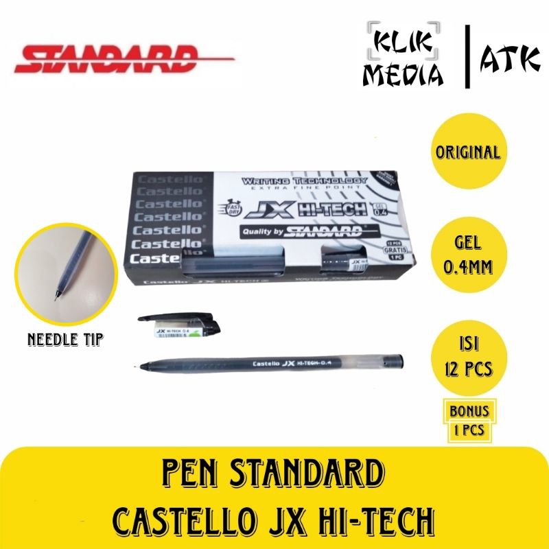 

STANDARD PEN CASTELLO JX HI-TECH / PULPEN APEL HITECH GEL BLACK 0.4mm