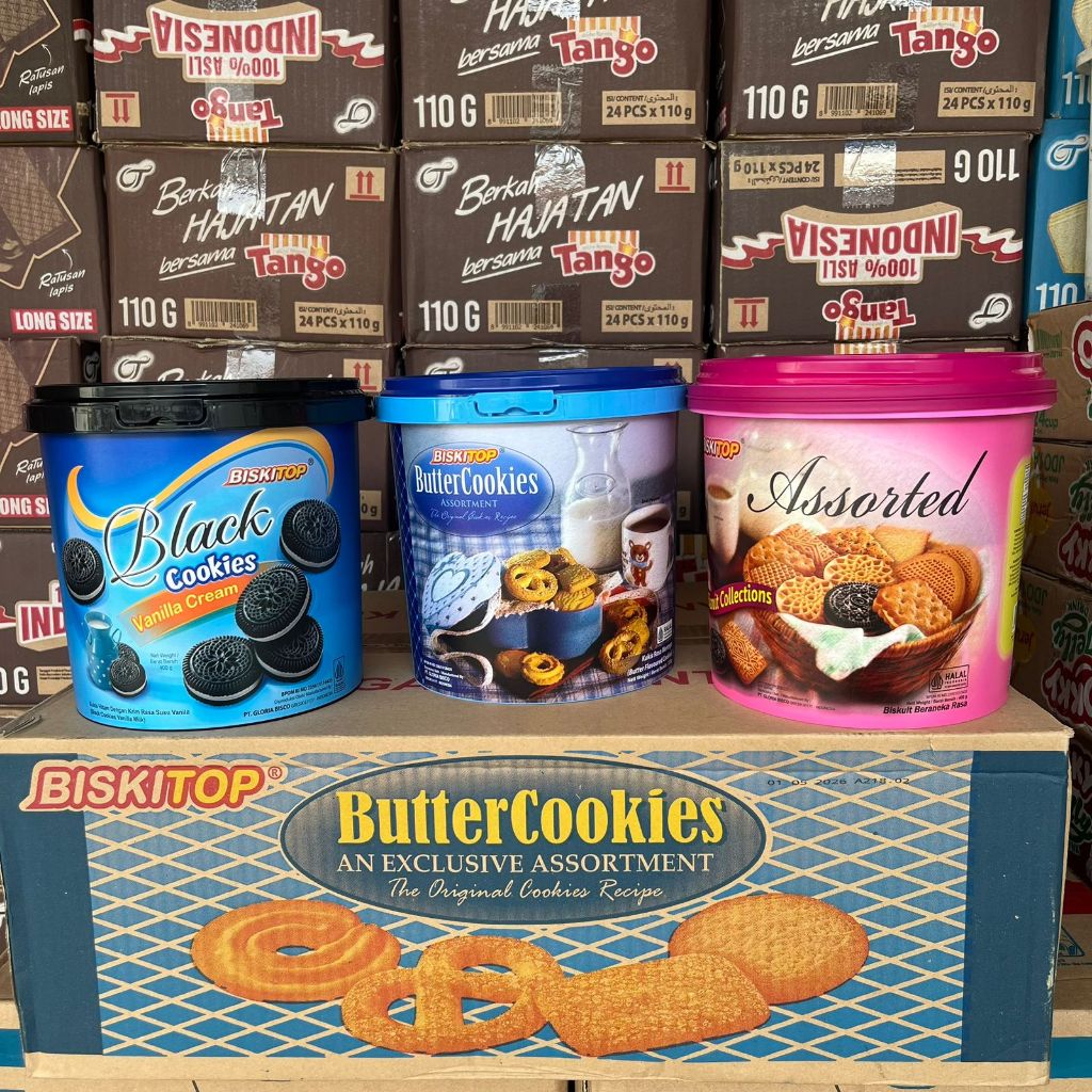 

biskitop buter cookies, assorted,black cookies 370 gram 1 dus isi 6 toples