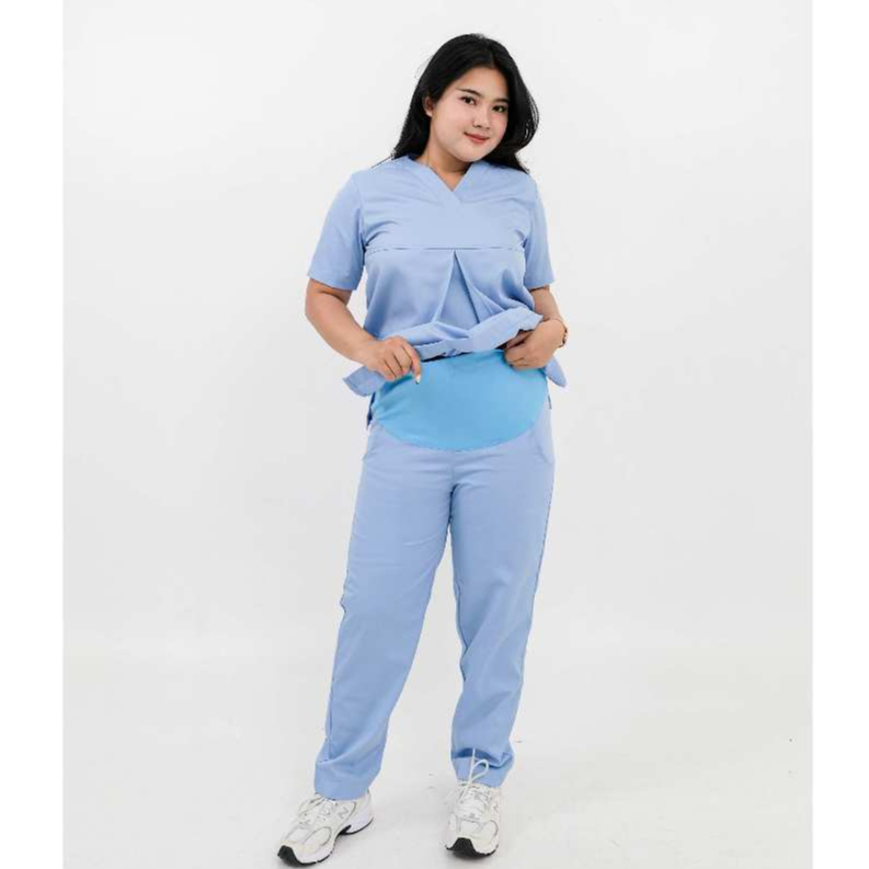 BAJU SCRUB DRILL OKA KERAH V KHUSUS IBU HAMIL LENGAN PENDEK
