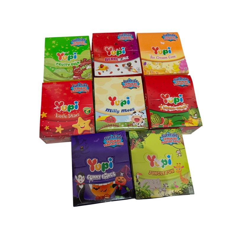 

Aneka yupi suprise temukan mainan seru144g / 24 pcs @ 6gVarian Little stars Gummy fangs Jungle fun Wotaaa - melon Milly moos Fuity cola Berri bonz Ice cream cone