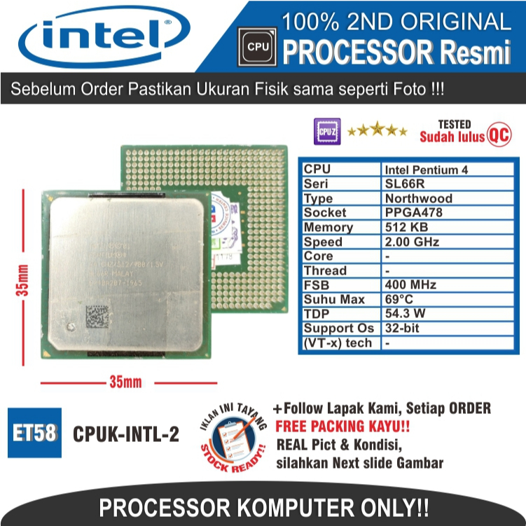 ET58 CPUK-INTL-2 PROCESSOR PC KOMPUTER INTEL PENTIUM 4 SL66R