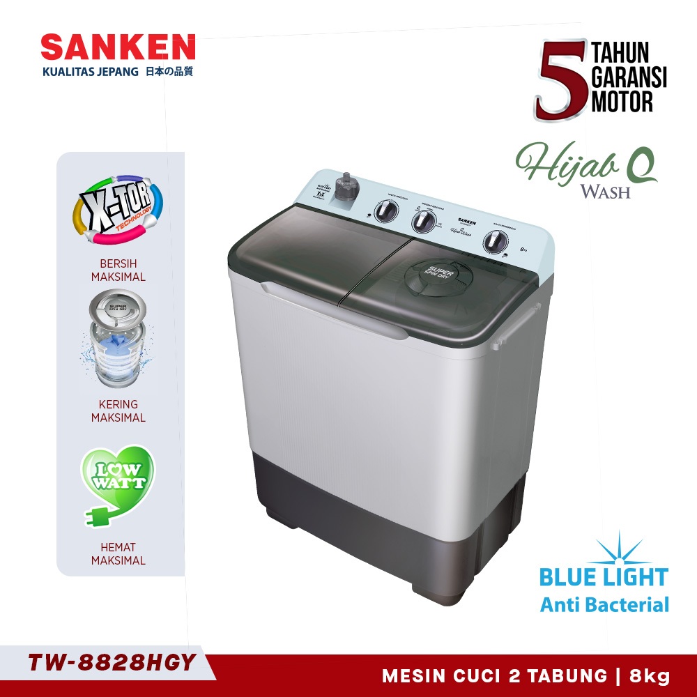 Sanken Mesin Cuci 2 Dua Tabung 8kg TW-8828HGY Blue Light Anti Bacterial