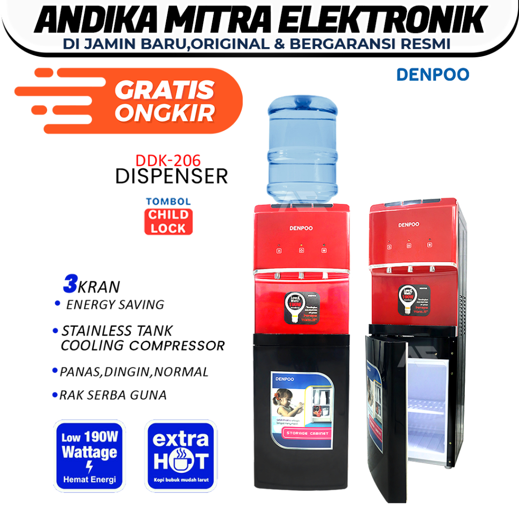Denpoo Dispenser Galon Atas Compressor Panas,Dingin es & Normal Denpoo DDK 206