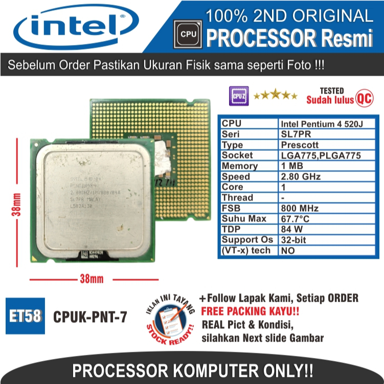 ET58 CPUK-PNT-7 PROCESSOR PC KOMPUTER INTEL PENTIUM 4 520J SL7PR