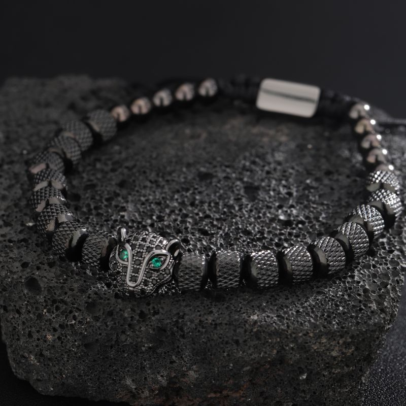 Gelang Macan Mata Hijau / Gelang Rantai Hitam Kepala Harimau Manik Manik Mute Keren / Tiger Head Bra