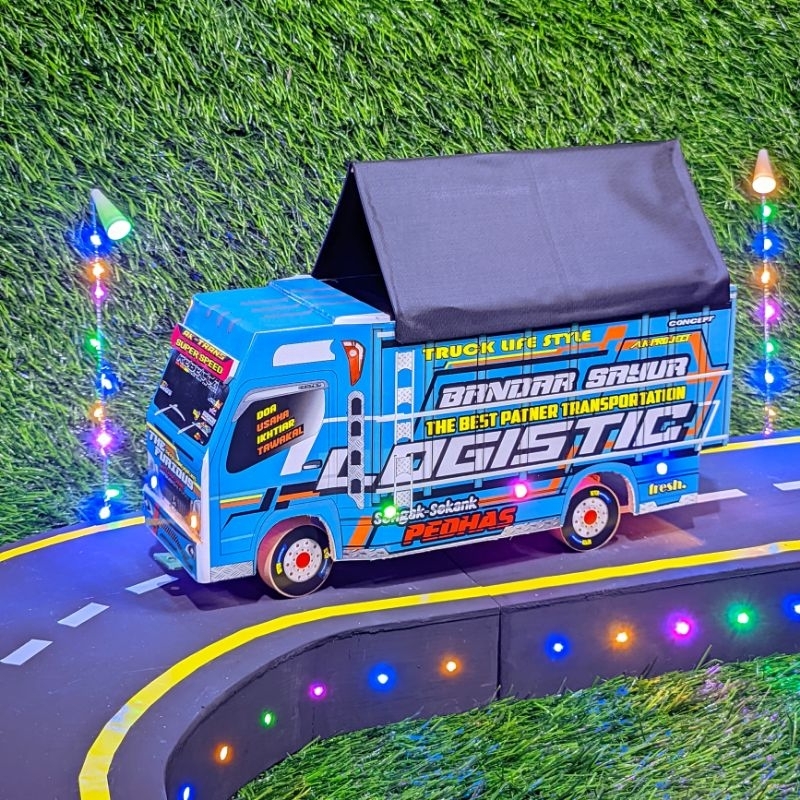 Truk Oleng Miniatur Kayu Asli Full Variasi New Tawakal 5 Putih Lampu Kelap Kelip Terpal Roda Kayu Ma