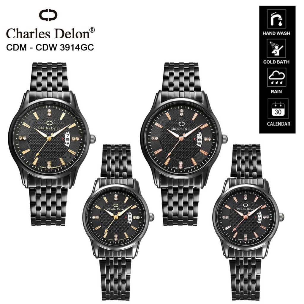 Official CHARLES DELON Watch Free Box Original Jam Tangan Rantai Couple Pria Wanita Analog Kalender 