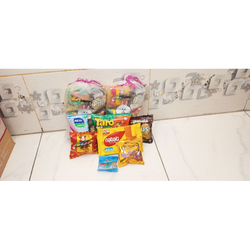 

Hampers Snack ultah anak Bingkisan Snack ultah pouch serut MS