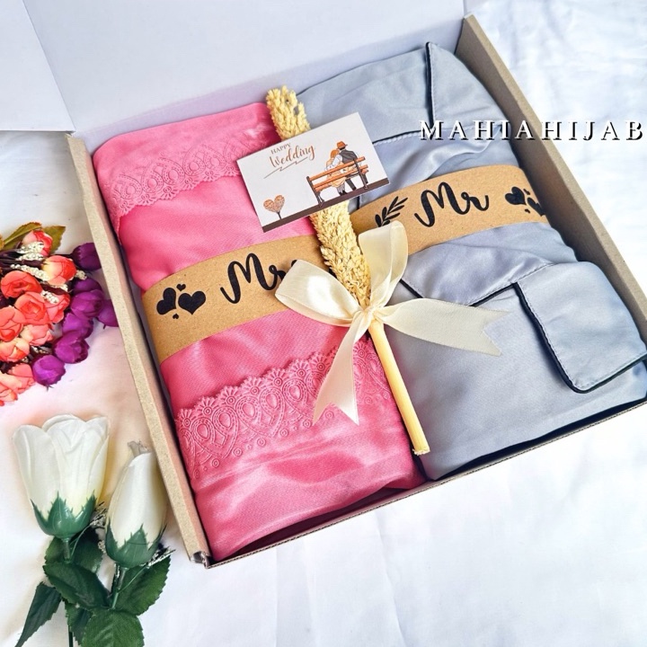 Hampers Wedding Baju Tidur Satin couple Hadiah Pernikahan Setelan Piyama Pria dan Lingerie Kimono Wa