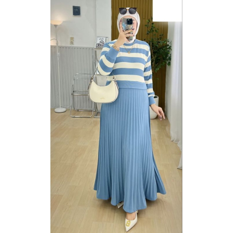 gamis muslim wanita kaos knit rajut import salur plisket kekinian