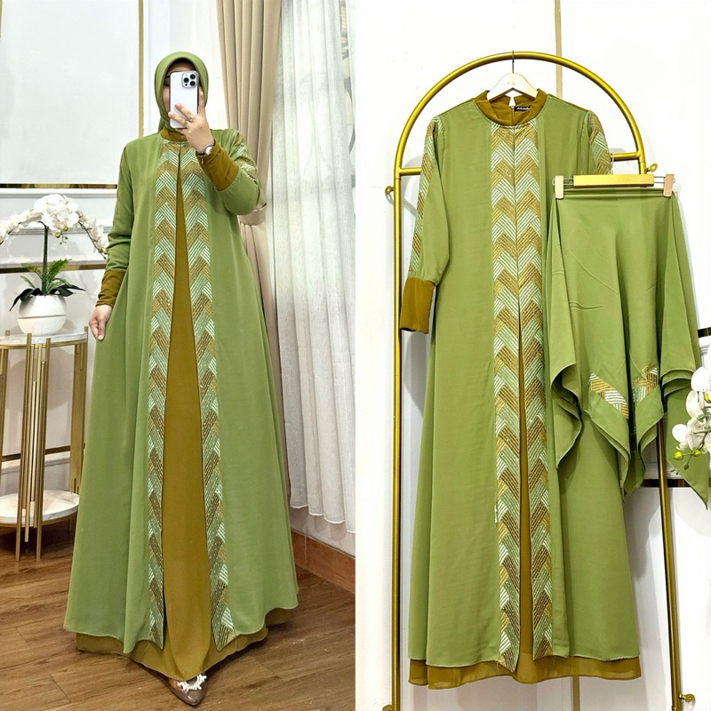 gamis bordir sabila set jilbab segi empat terbaru fashion wanita mewah dress kekinian terlaris