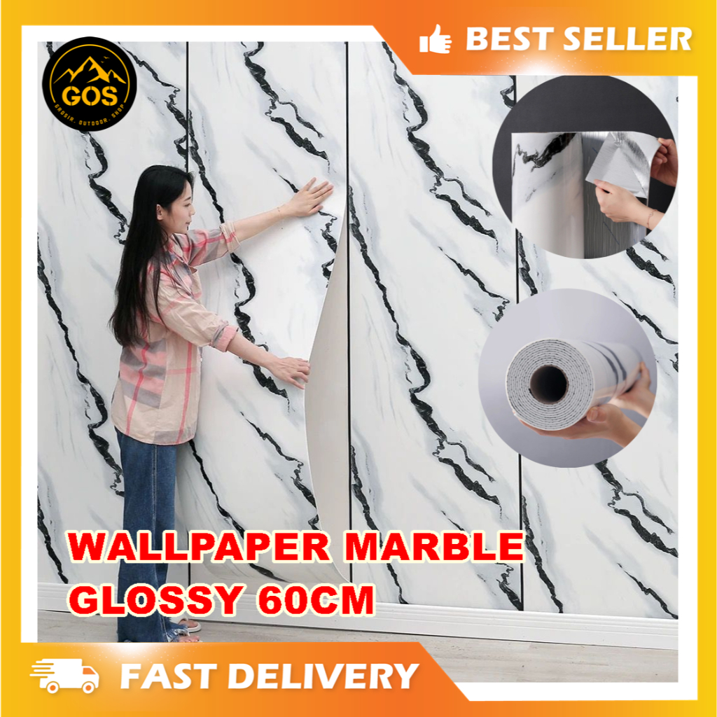 Wallpaper Motif Marmer L 60 x P 300 GLOSSY Sticker Dapur anti minyak marble backdrop tv mewah-MARMER