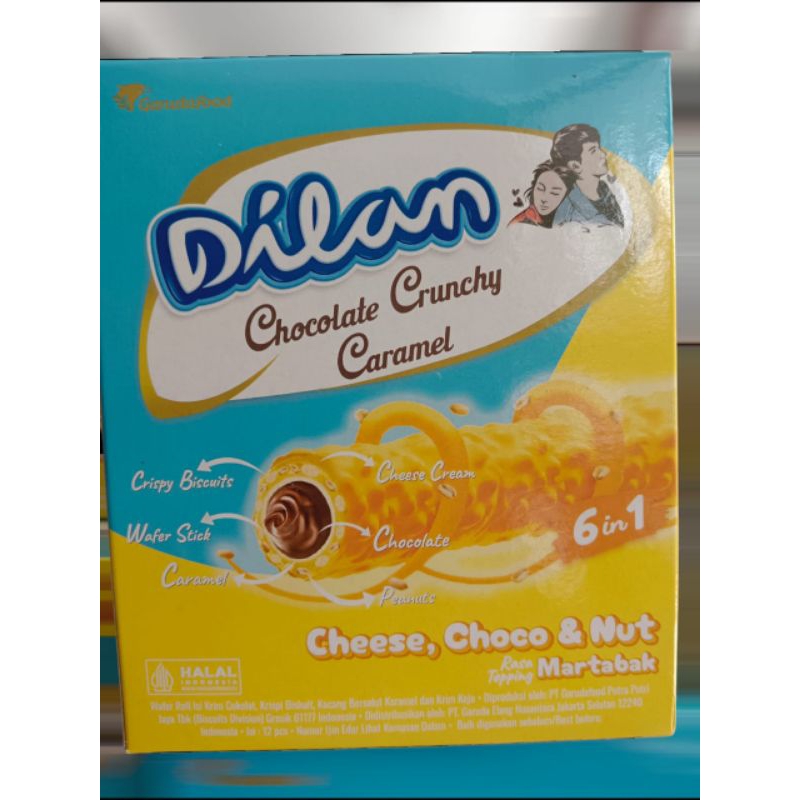 

Dilan chocolate crunchy caramel 6 in 1Cheese choco & nut toping martabak isi 12 pcs per box