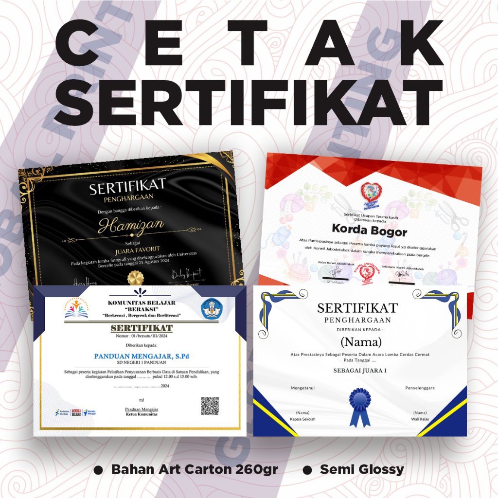 

Cetak Sertifikat / Piagam Custom Murah