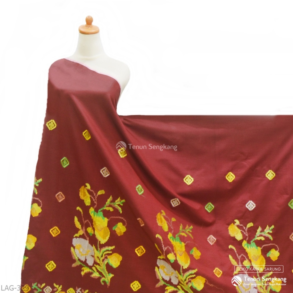 Kain Tenun Sulam Motif Bunga Lagosi Bahan Tenun Sutra Bugis Makassar Marun - Tenun Sengkang LAG-329