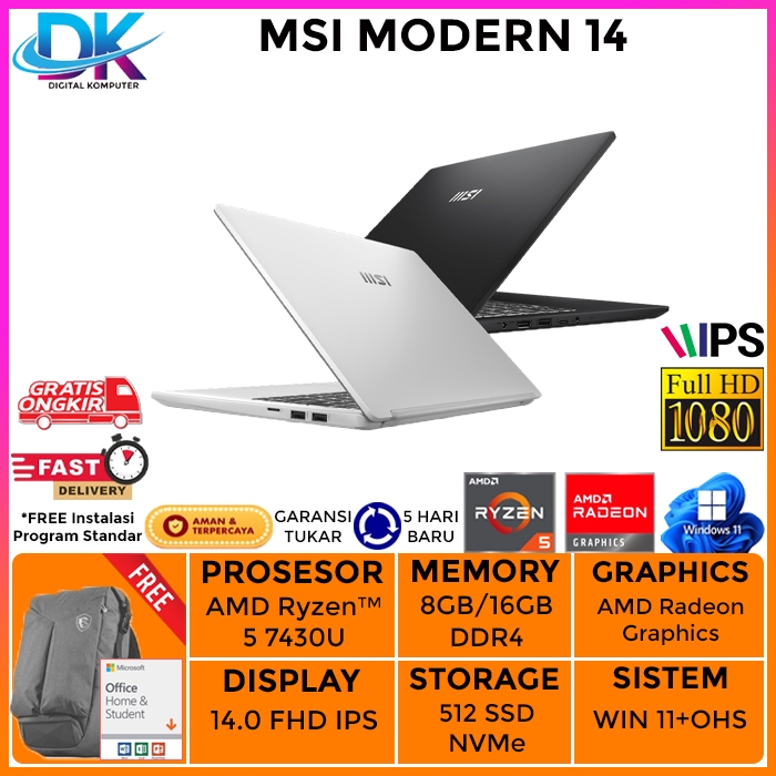 MSI MODERN 14 RYZEN 5 7430U RAM 8GB 512SSD WIN11+OHS 14.0 FHD IPS